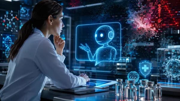 Person using an AI health chatbot amid abstract vaccine and misinformation visuals in a futuristic lab.