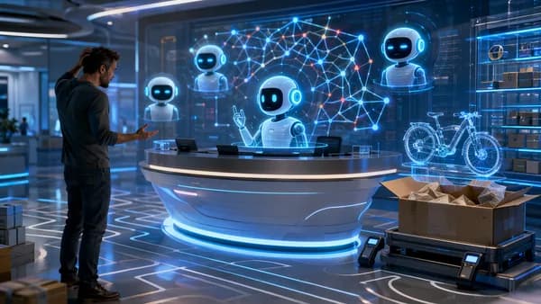 Customer faces AI support maze over a missing ebike delivery in a futuristic tech workspace.
