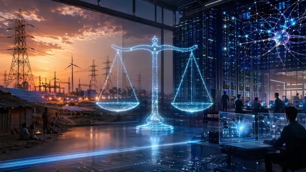 AI data center linked to power grid, symbolizing electricity access and antitrust pressure.