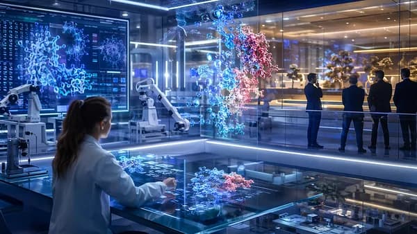 AI drug discovery lab with researcher, molecular holograms, neural networks, and investor silhouettes