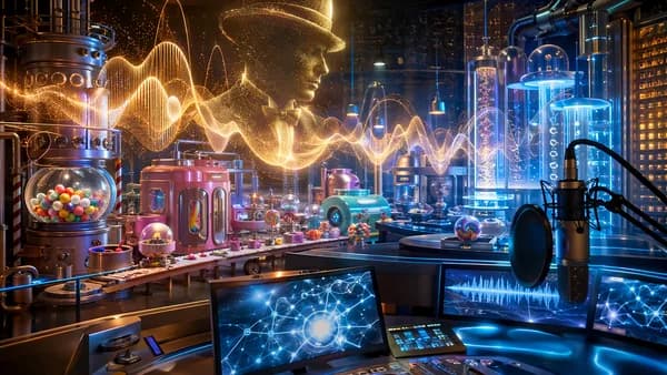 AI voice synthesis in a futuristic candy factory reality show set with glowing neural networks and microphones