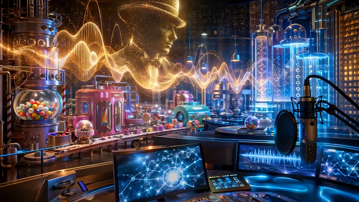 AI voice synthesis in a futuristic candy factory reality show set with glowing neural networks and microphones
