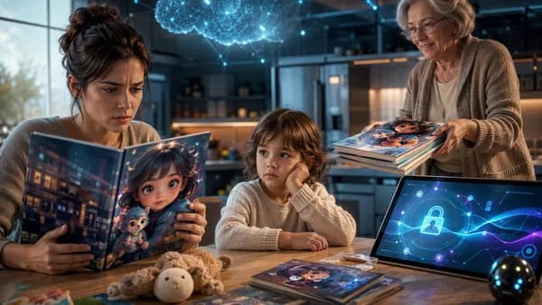 Family tension over uncanny AI-generated kids books and child privacy in a modern tech-filled home.
