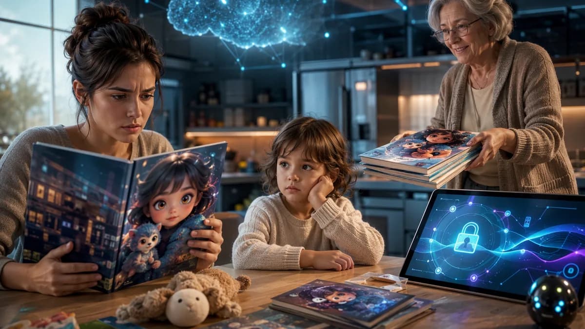 Family tension over uncanny AI-generated kids books and child privacy in a modern tech-filled home.