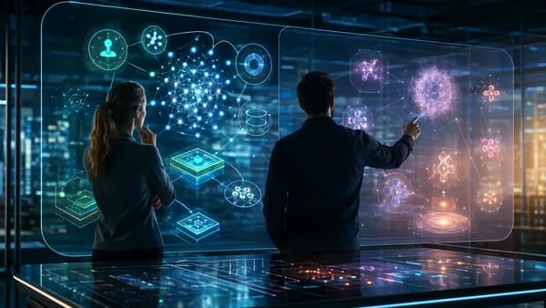 Futuristic AI workspace with holographic neural diagrams and abstract concept nodes, no text.
