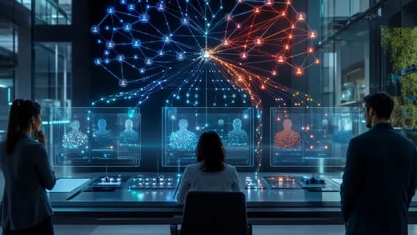 AI hiring system visualized as glowing neural networks filtering abstract candidate silhouettes in a tech workspace