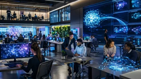 AI-focused office scene showing growing teams in a futuristic tech workspace
