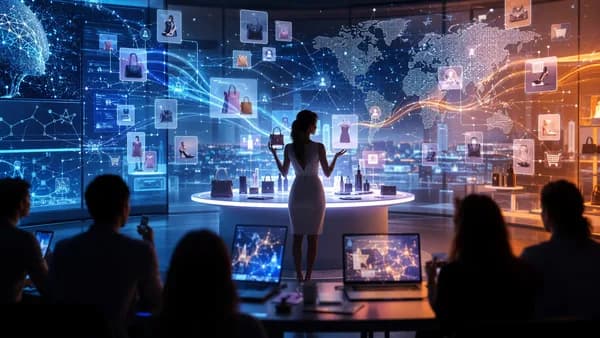 AI-powered live shopping studio with glowing screens, product displays, and neural recommendation streams.