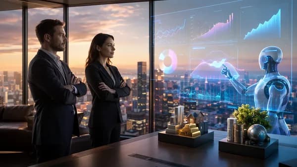 Advisors watch an AI robo-advisor compare abstract investment portfolios in a modern finance office.