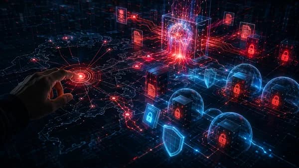 AI core and human hand staging a ransomware attack amid shields, locks, code, and protected servers.
