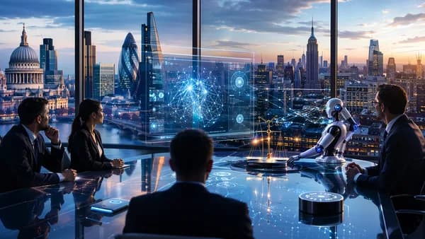 US bankers review AI governance in a futuristic fintech boardroom with Europe’s financial district beyond.