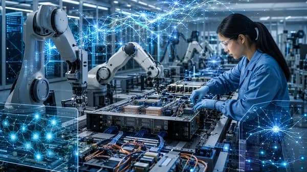 Human technician and robots assemble AI server hardware in a futuristic manufacturing cell.
