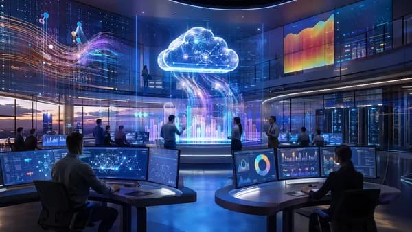 Teams monitor AI cloud costs in a futuristic tech workspace with neural networks and glowing dashboards.