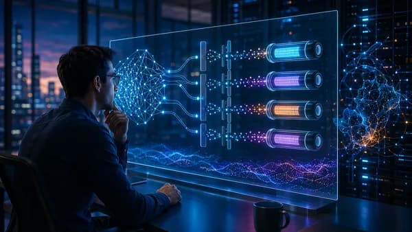 Engineer in futuristic workspace monitoring capped AI token streams and cost controls.