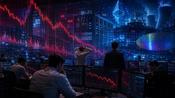 Traders monitor falling AI market charts with server infrastructure glowing in the background.