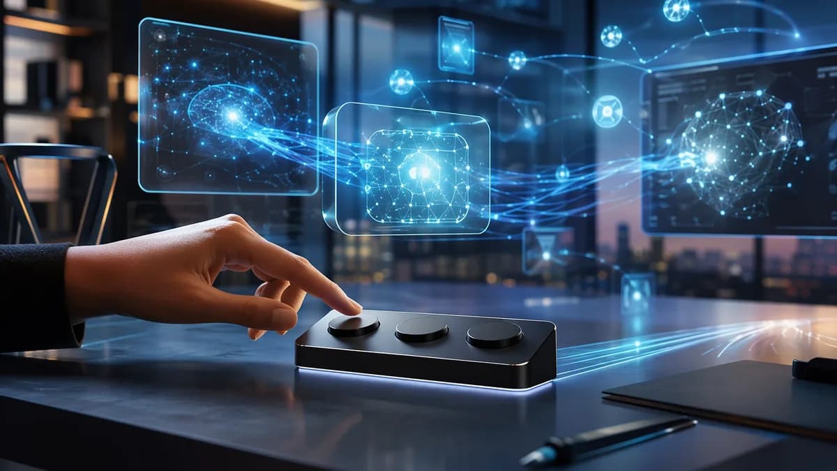Three-key AI control device on a futuristic desk activating holographic agent networks