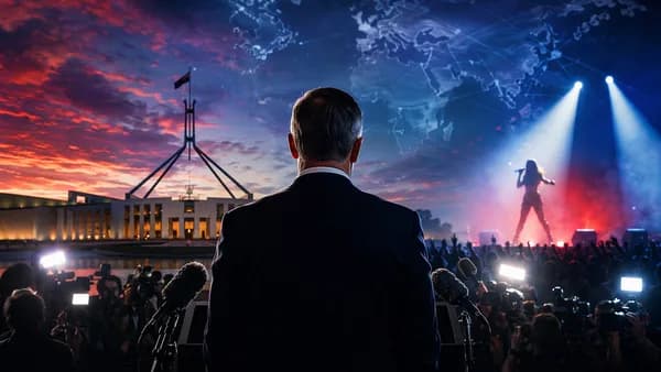 Symbolic Australian political apology scene with parliament, microphones, pop spotlight and global map connections.