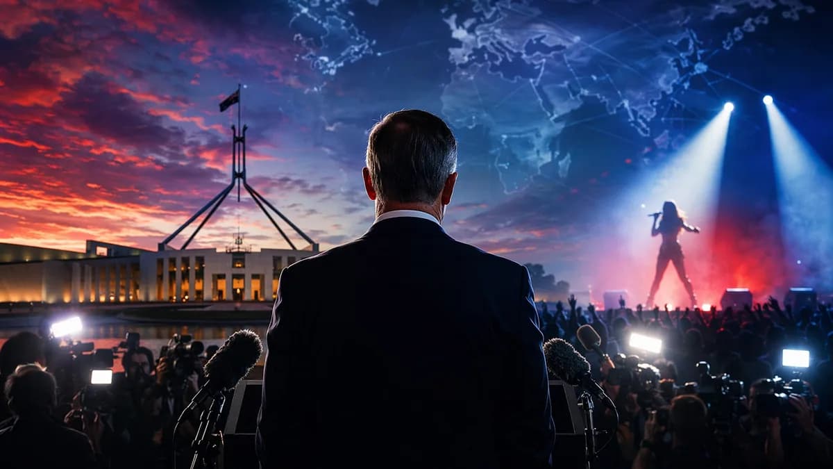 Symbolic Australian political apology scene with parliament, microphones, pop spotlight and global map connections.