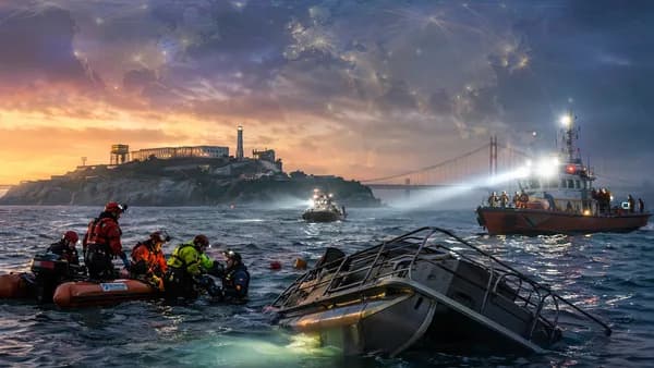 Rescue boats search near a capsized pontoon by Alcatraz Island in San Francisco Bay.
