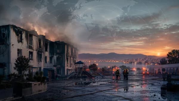 Somber pre-dawn orphanage fire scene near Algiers with emergency responders and global map overlay.