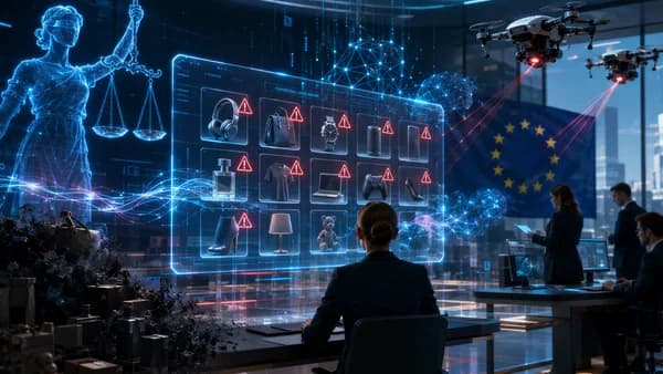 EU digital marketplace enforcement scene with flagged counterfeit goods in a futuristic tech hub