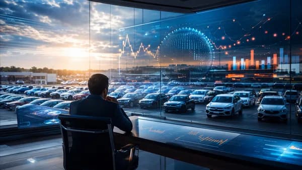 Digital banking analyst monitors auto loan risk over a car lot, symbolizing growth amid delinquencies.