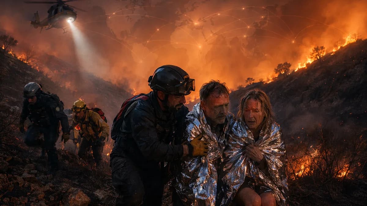 Emergency responders rescue a couple in a smoky Almería wildfire ravine with a subtle global map overlay.