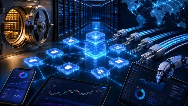Digital finance infrastructure visual with blockchain nodes, secure vaults, and tokenized stock trading rails.