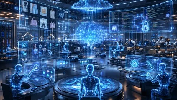 AI agents coordinating e-commerce, support, workflows, and cloud security in a futuristic tech hub.