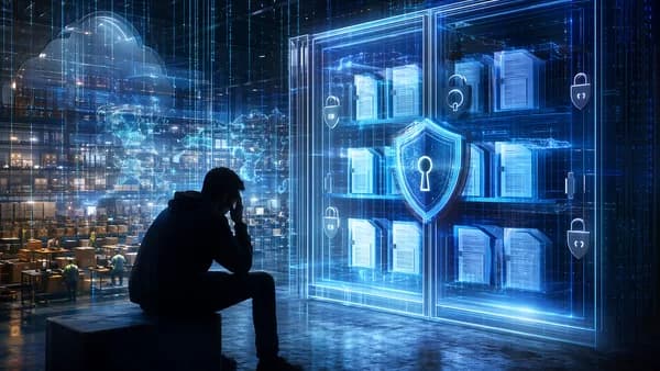 Identity theft victim facing locked digital records in a dark cybersecurity data protection scene