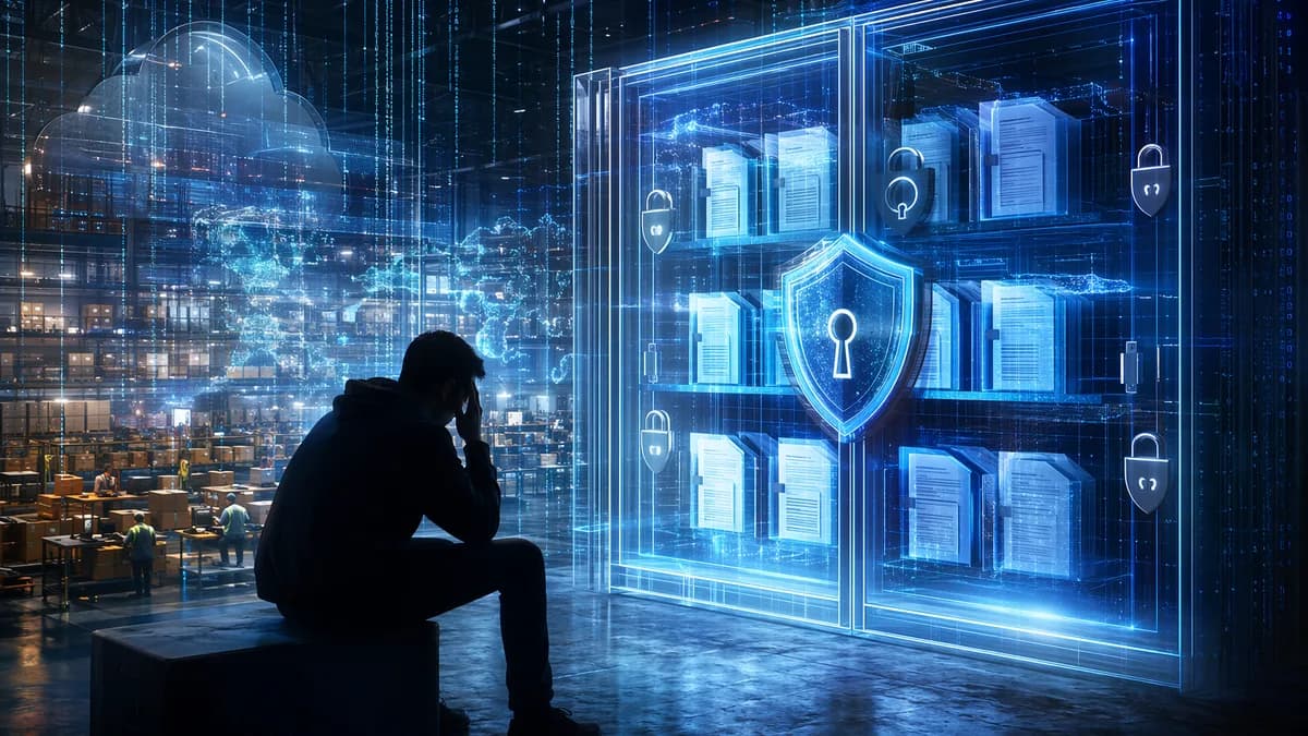 Identity theft victim facing locked digital records in a dark cybersecurity data protection scene