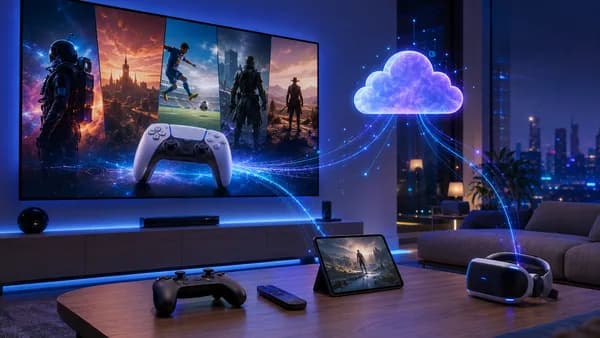 Smart TV cloud gaming setup with controller, remote, and streaming visuals in a futuristic living room