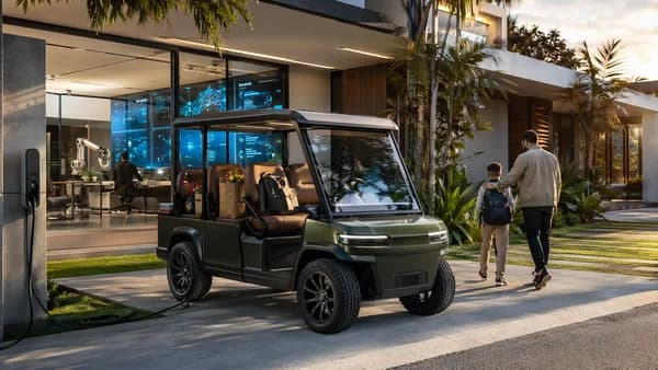 Stylish boxy electric golf cart outside a modern home with tech hub elements and EV charging.