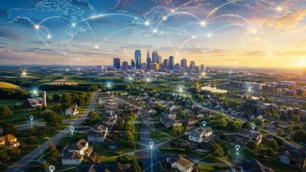 American neighborhoods with glowing map connections suggesting local opportunity and mobility