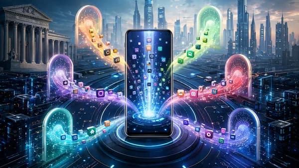 Generic smartphone surrounded by rival app-store portals in a futuristic tech workspace.