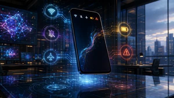Modern smartphone with abstract glowing status icons in a futuristic tech workspace
