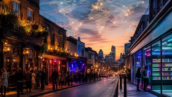 English high street with pub and vape shop under a global map, symbolizing shifting local tax policy.