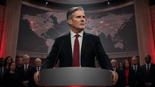 British political leader at podium with red accents and global map backdrop, signaling a leftward policy shift.