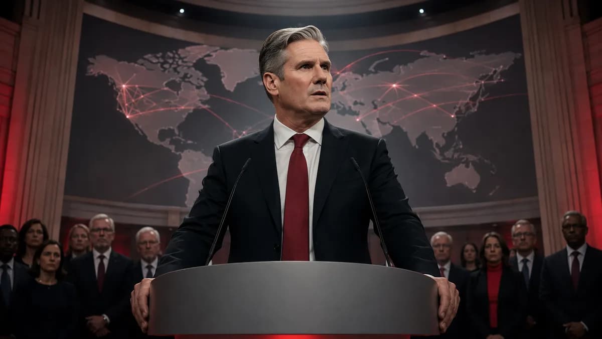 British political leader at podium with red accents and global map backdrop, signaling a leftward policy shift.
