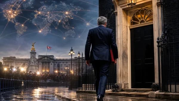 Symbolic UK leadership handover with Downing Street, royal palace, and global network map.