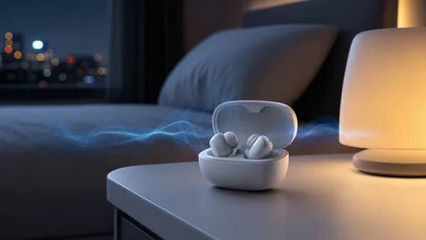 Unbranded sleep earbuds in a charging case on a calm tech-inspired bedside table at night
