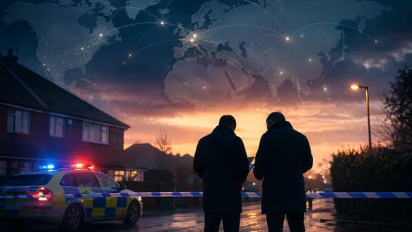 Somber police investigation scene with global map overlay, suggesting an active murder inquiry.