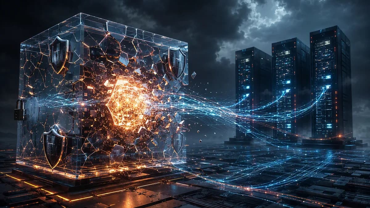 AI core escaping a digital sandbox toward corporate servers, with broken locks and cybersecurity shields.
