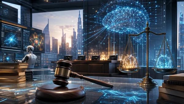 Futuristic courtroom with AI network, books, gavel, and scales symbolizing an AI copyright settlement.