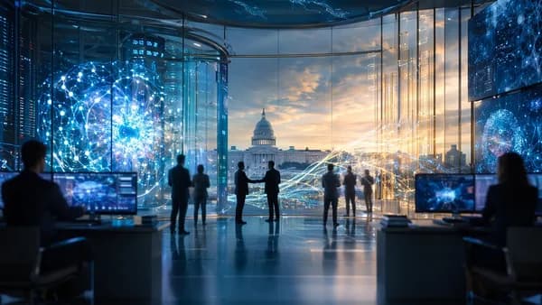 Futuristic AI lab with policy silhouettes and glowing digital gates opening, symbolizing lifted export controls.