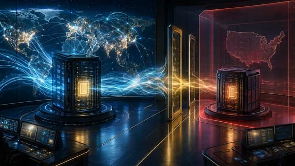 Futuristic AI servers show global access restored while one model remains isolated by digital controls.