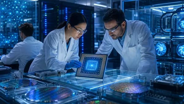 Engineers examine a glowing AI chip in a futuristic semiconductor lab with neural network visuals.