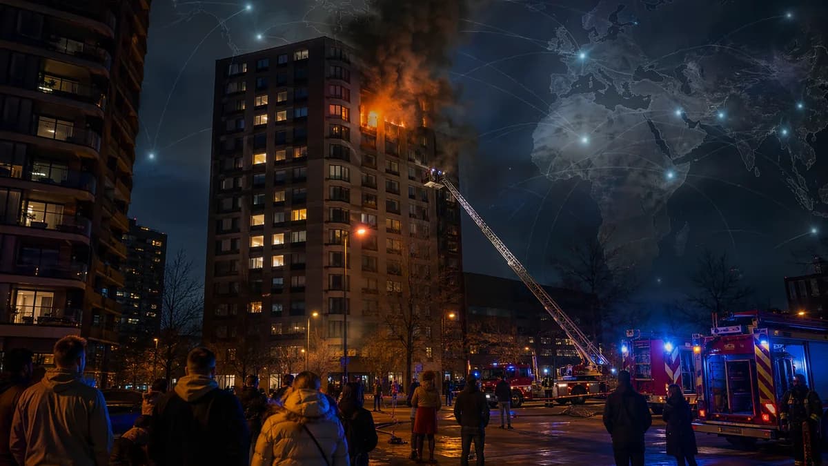 Firefighters respond to a smoky apartment block fire in Antwerp at night.