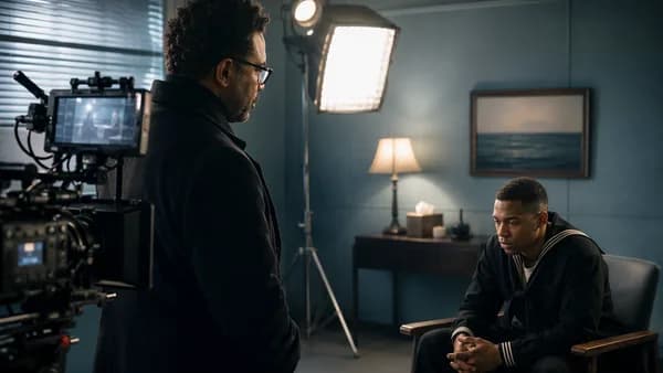 Reflective film set scene with director and young sailor, evoking an emotional biopic drama.