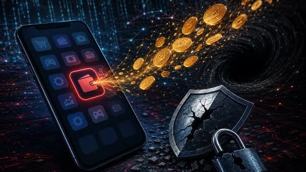 Generic phone with fake crypto wallet app draining digital coins past a cracked security shield.